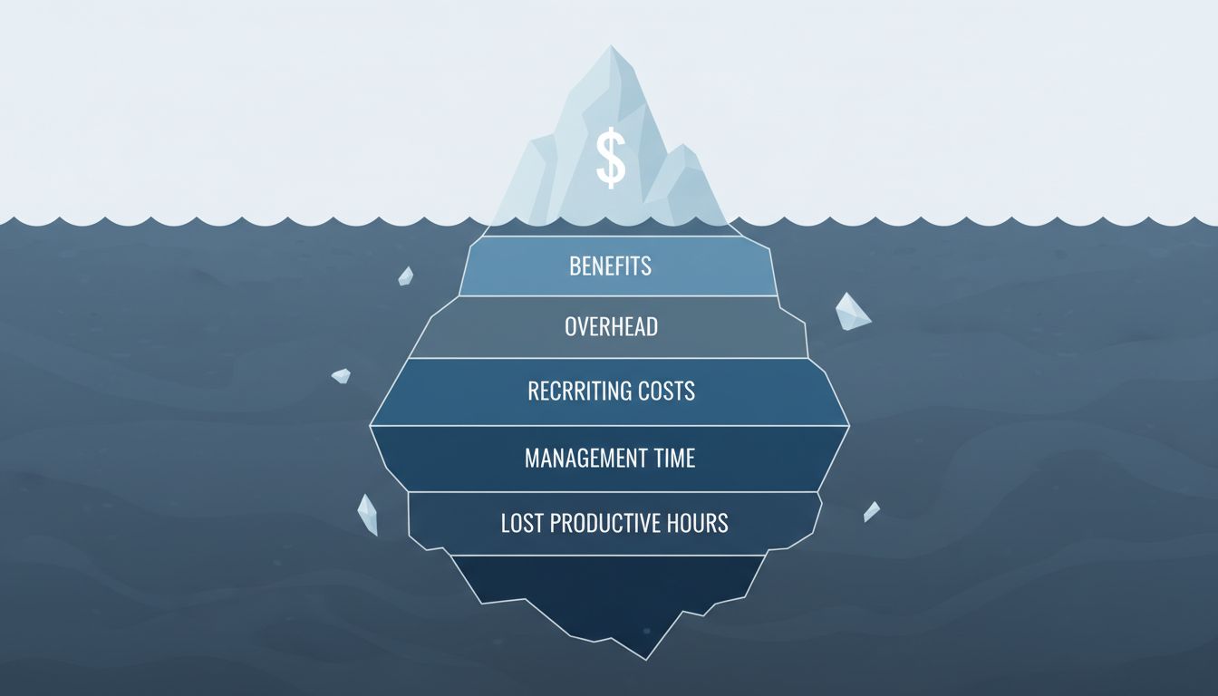 Iceberg diagram showing salary as the small visible tip above water and a large stack of hidden developer costs below the surface
