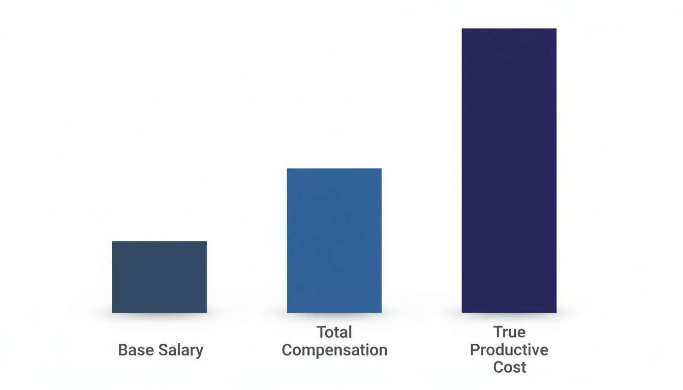 Bar chart showing how base salary, total compensation, and true productive cost stack up to very different heights