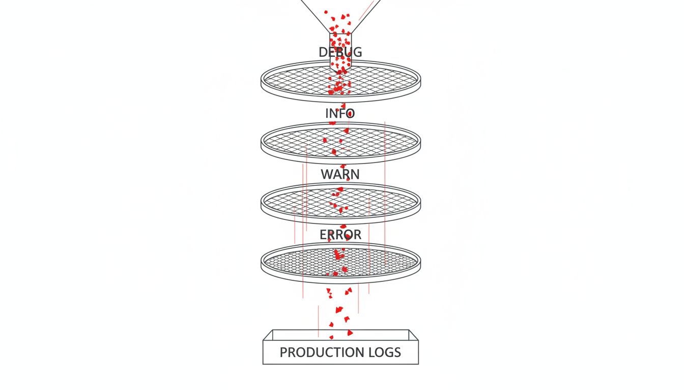 Diagram showing how debug-level errors fall through production log filters and are never recorded