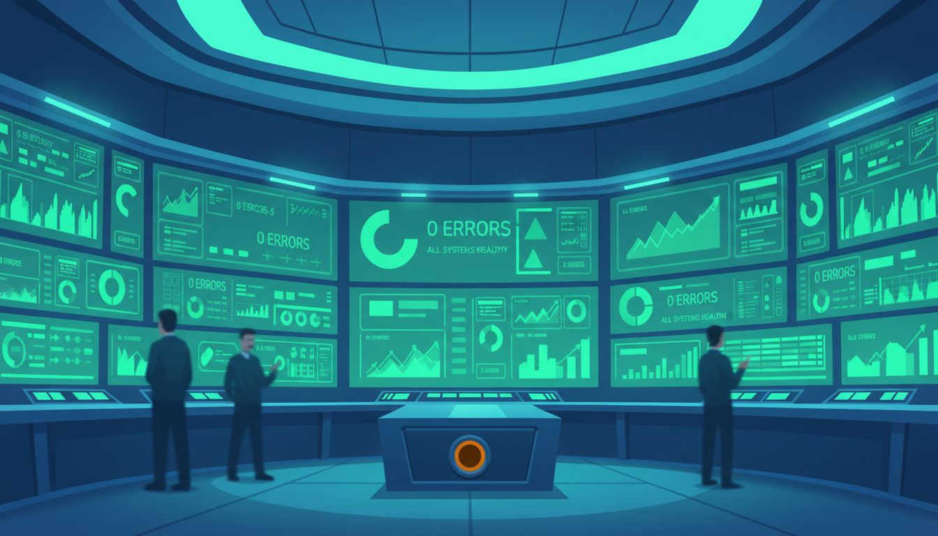 A monitoring dashboard showing all-green healthy metrics while a single critical alert light sits dark and disconnected