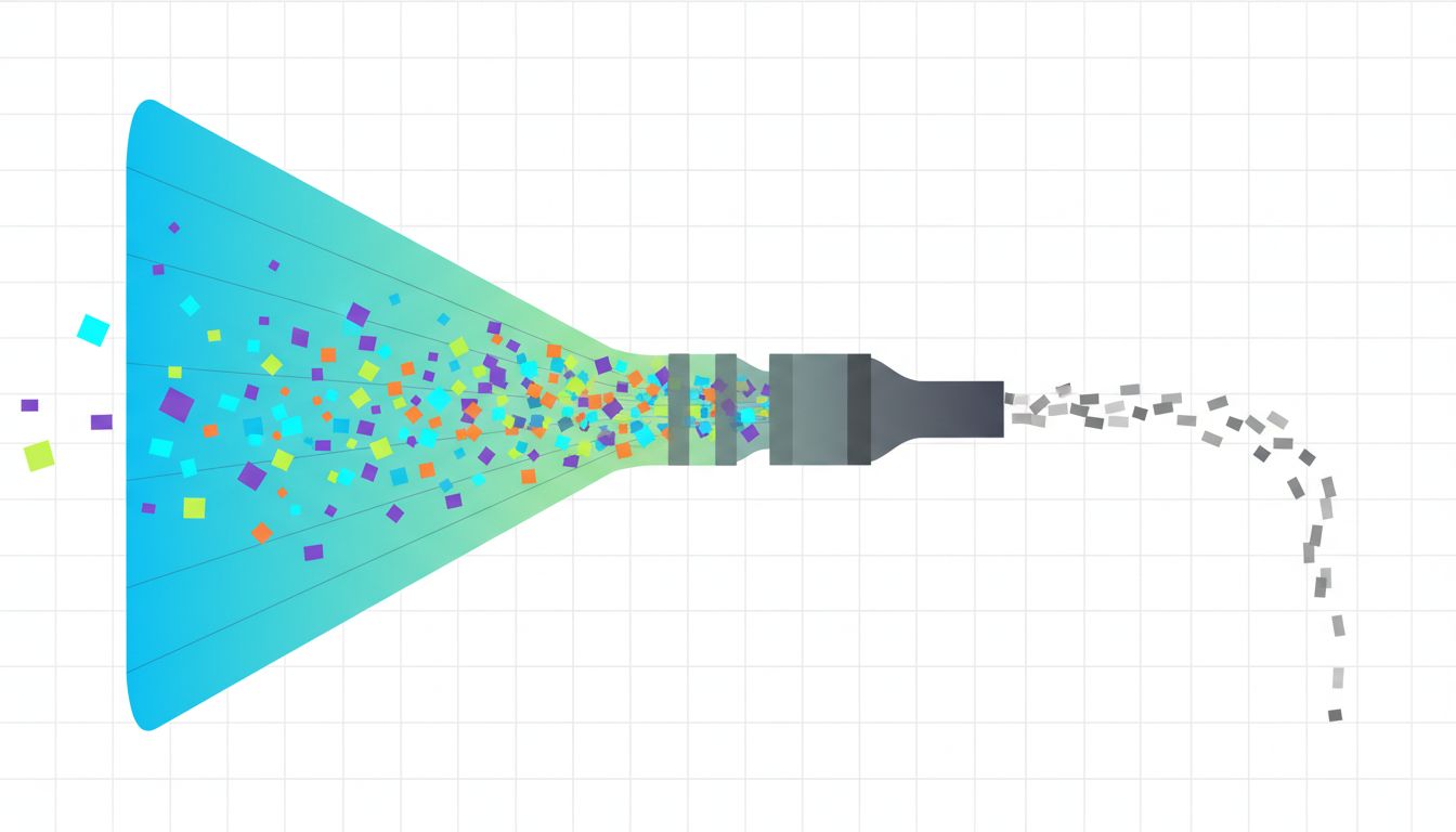Abstract diagram of a wide input funnel feeding into a narrow output bottleneck, representing a task system optimized for adding rather than completing work