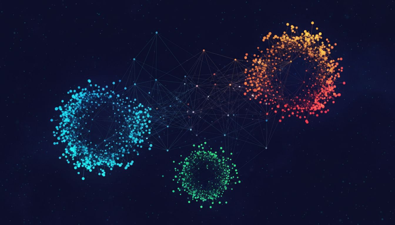 Abstract visualization of clustered points in a high-dimensional vector space, colored by semantic similarity