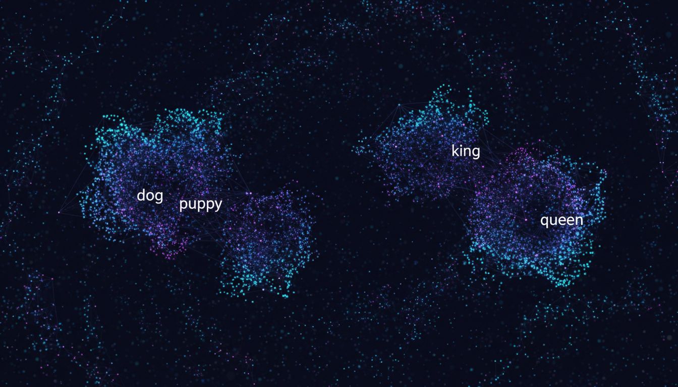 Abstract visualization of word vectors as points clustered by semantic similarity in high-dimensional space