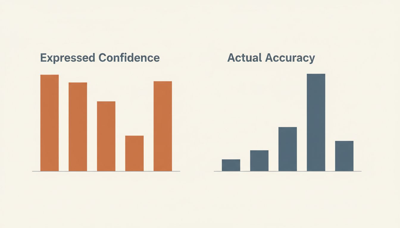 Conceptual diagram contrasting expressed confidence with actual accuracy, showing the two do not align