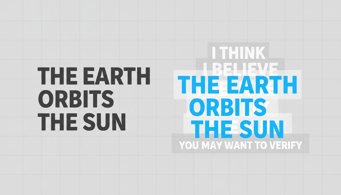 Diagram showing how hedging language layers over AI output, obscuring the actual information