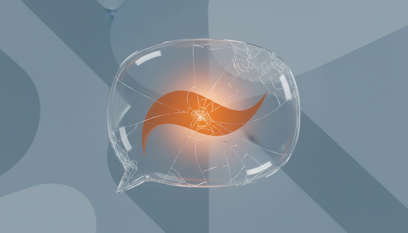 A glass speech bubble with fracture lines, representing designed uncertainty in AI communication