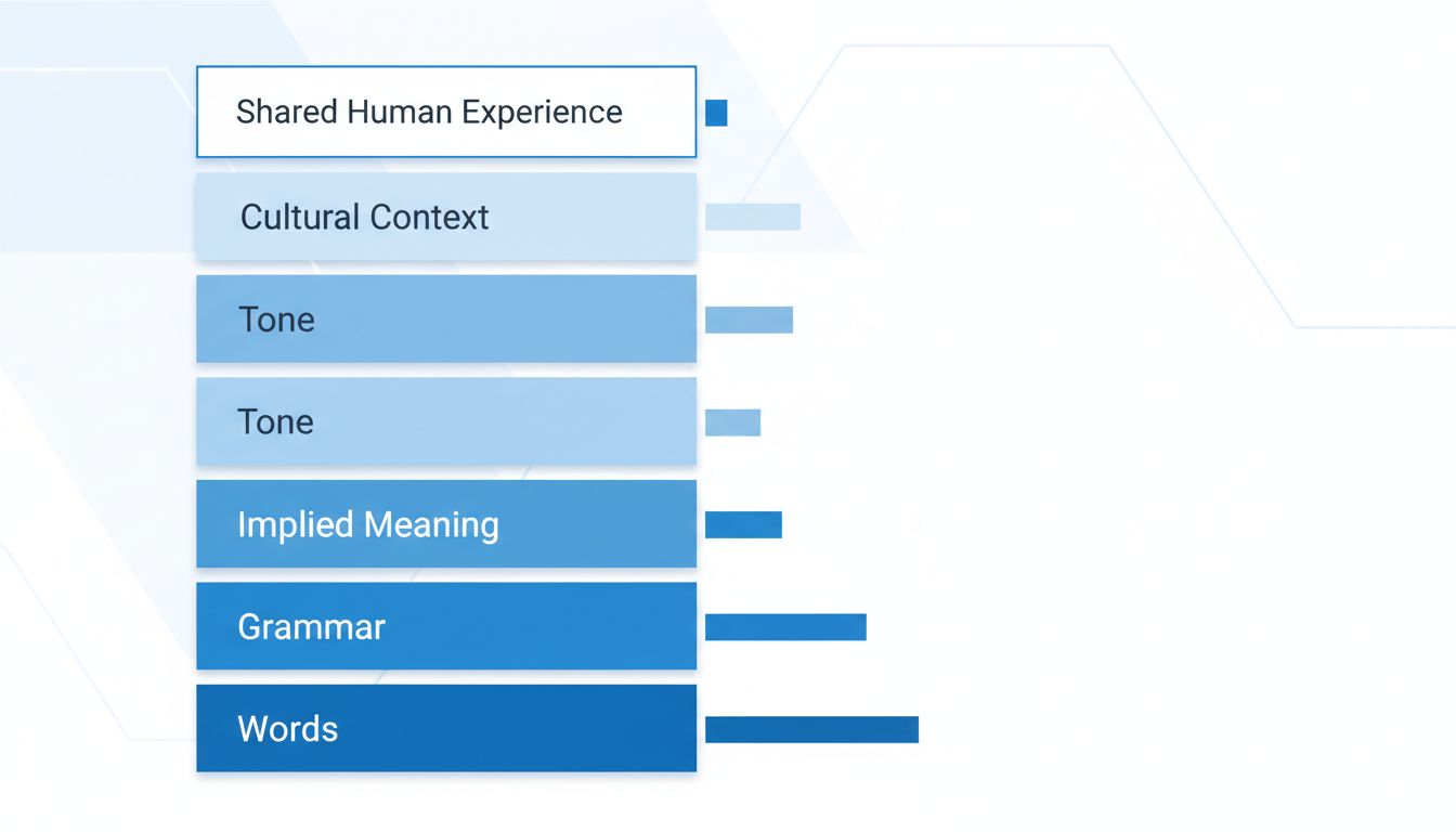 Diagram showing AI language understanding layers with confidence levels decreasing toward context and shared experience