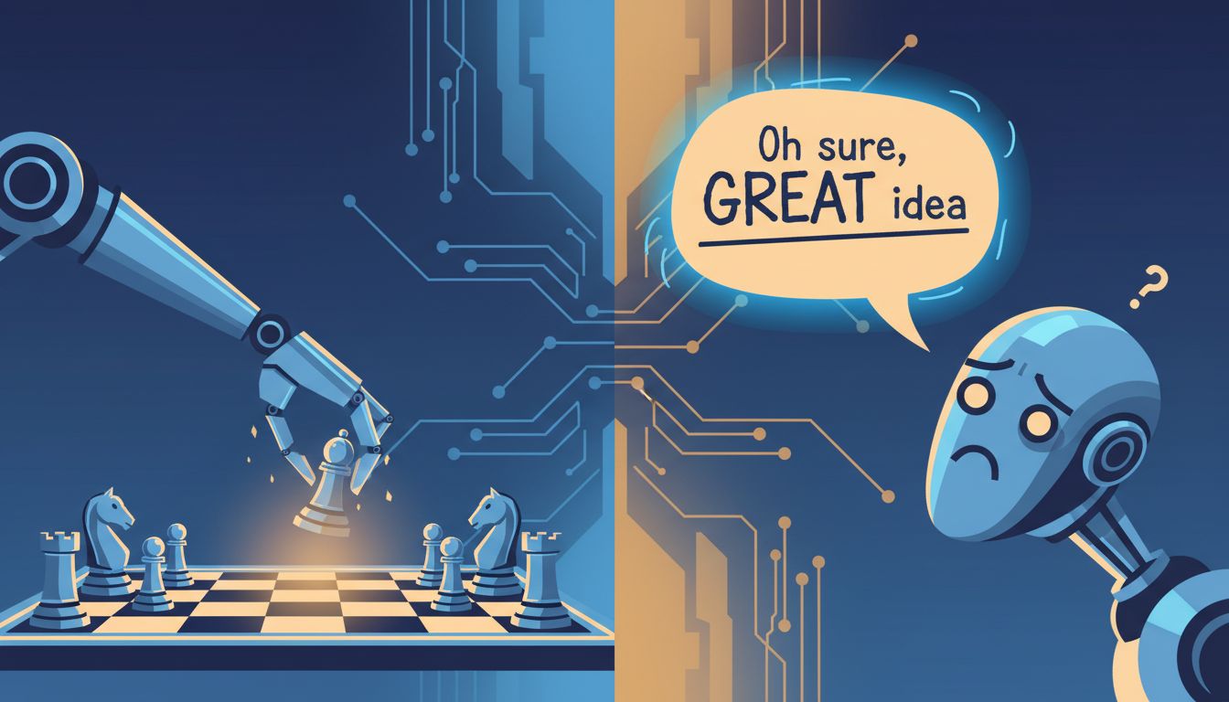 Robot winning at chess on the left, looking confused at sarcastic speech bubble on the right