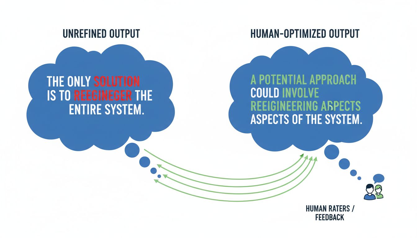 Diagram showing the difference between overconfident AI output and calibrated uncertain output with RLHF feedback loop