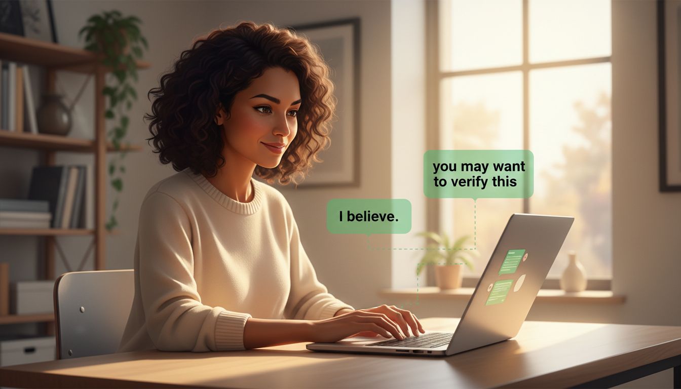 Person reviewing AI chatbot conversation and identifying uncertainty signals in the responses