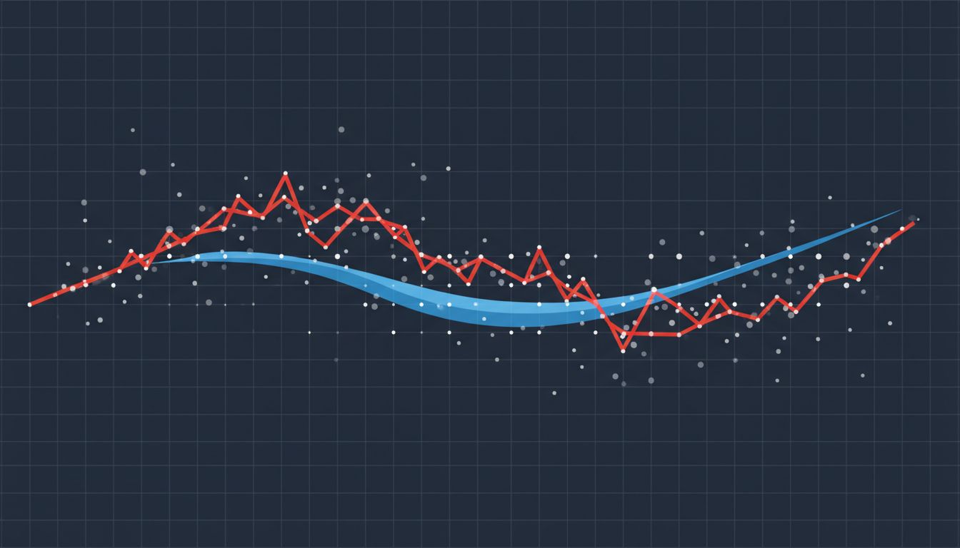 Abstract diagram contrasting overfitting versus generalization curves through scattered data points