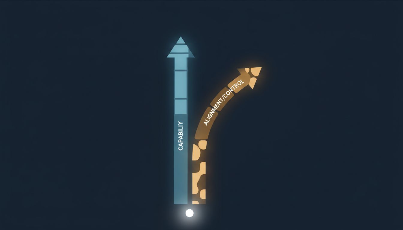 Abstract diagram showing capability and alignment diverging as AI systems scale