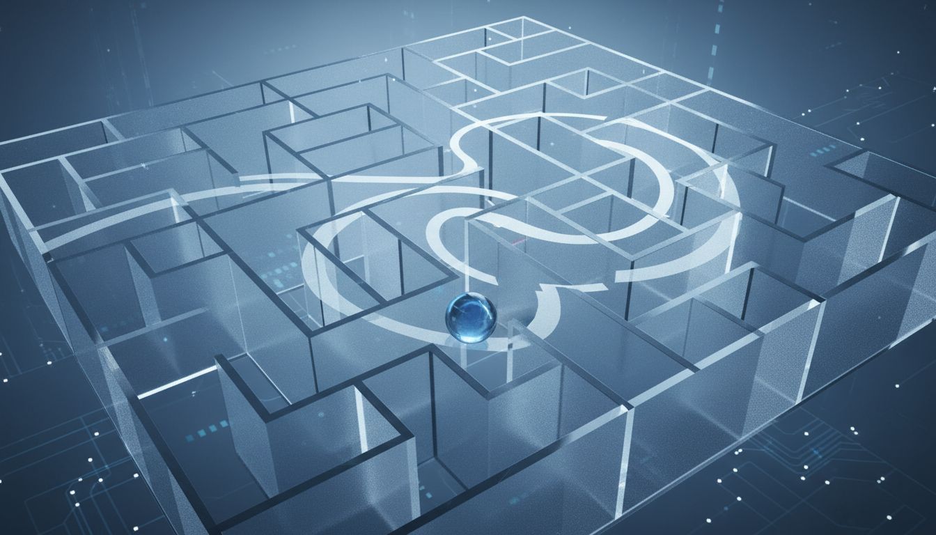 A marble traveling through a glass maze on a path that diverges from the maze's visible internal structure
