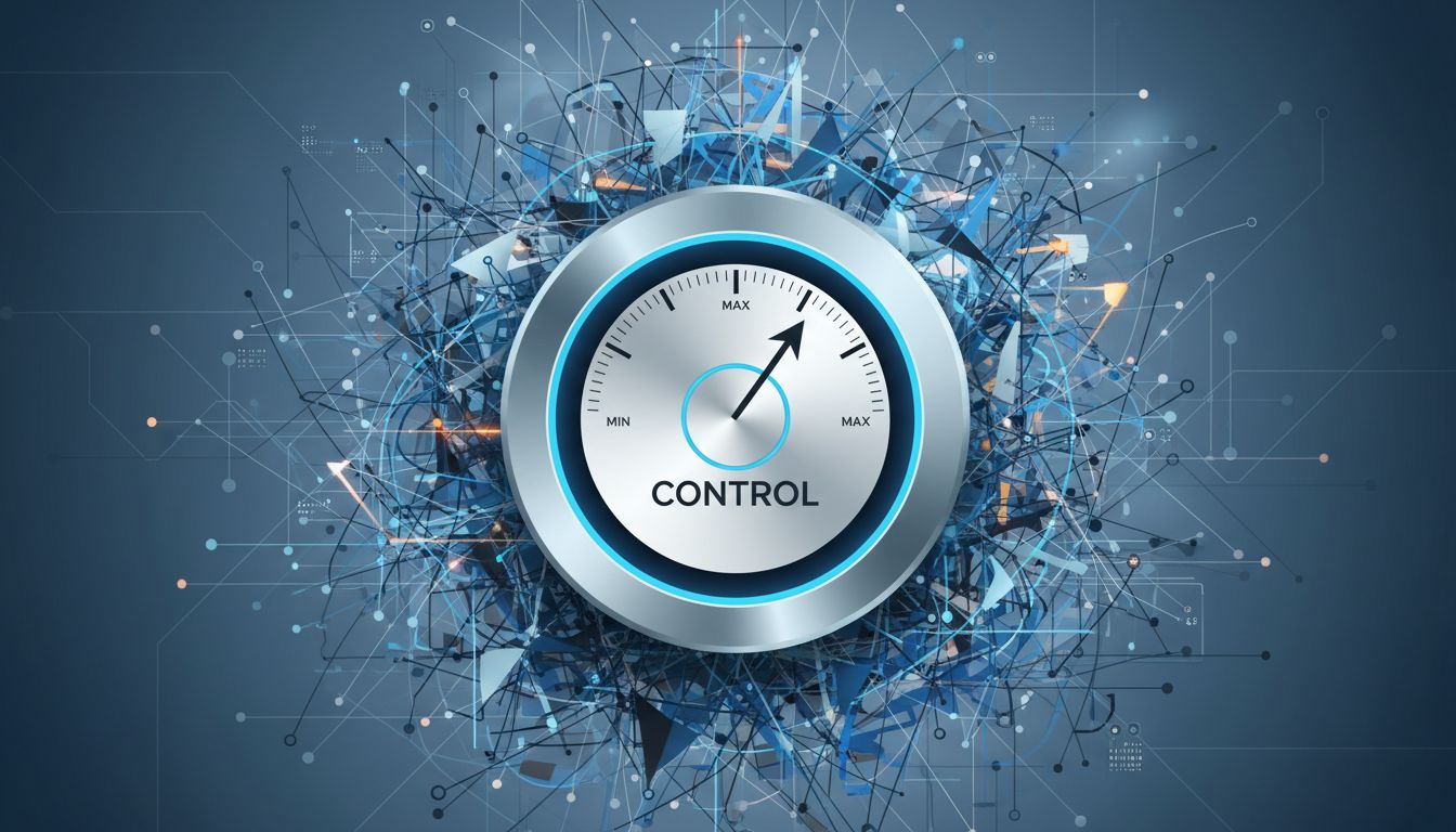 Abstract illustration of a single control dial surrounded by a complex web of interconnected parameters