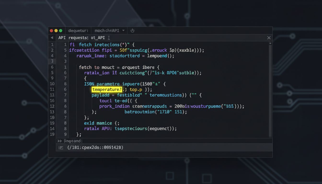 Code editor showing an AI API configuration with temperature and top-p parameters highlighted