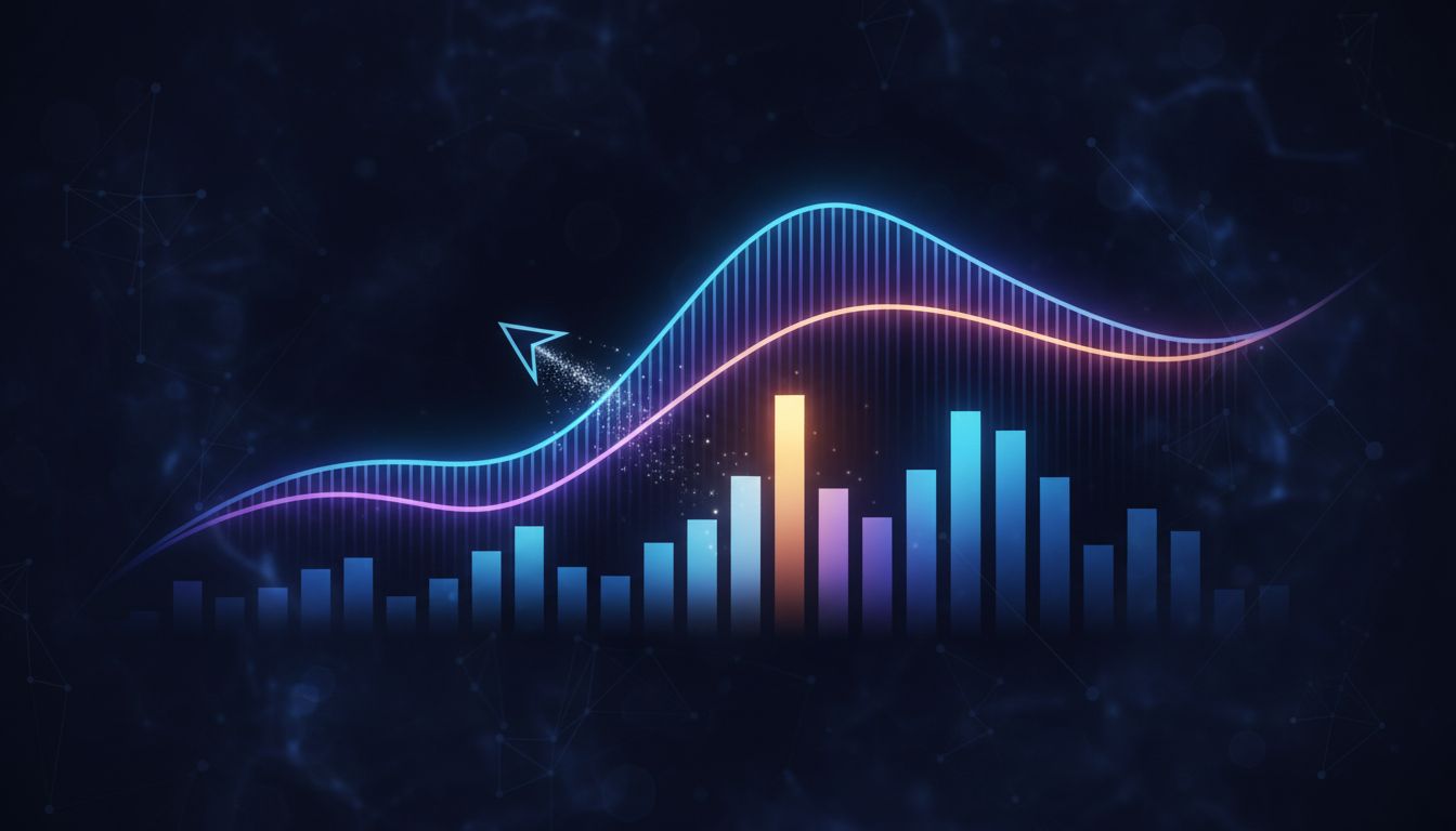 Abstract visualization of a probability distribution showing how language models sample from multiple possible next tokens rather than always choosing the most likely one