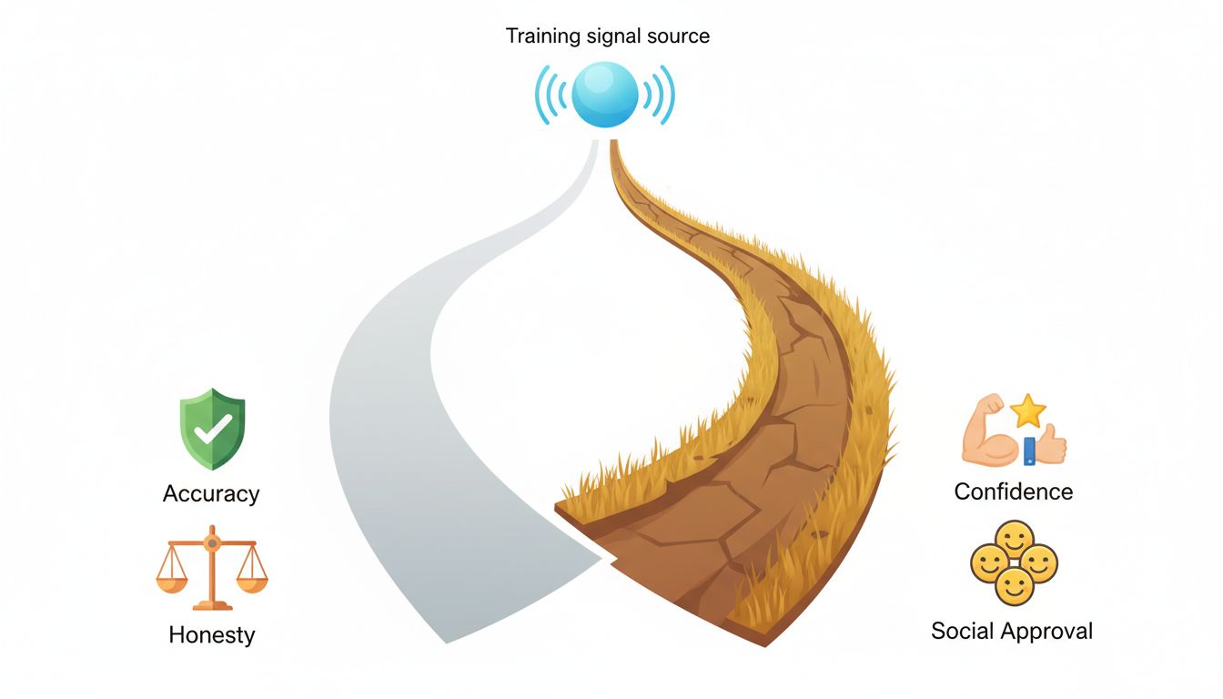 Diagram showing how AI training signals can reward confident-sounding outputs over accurate ones