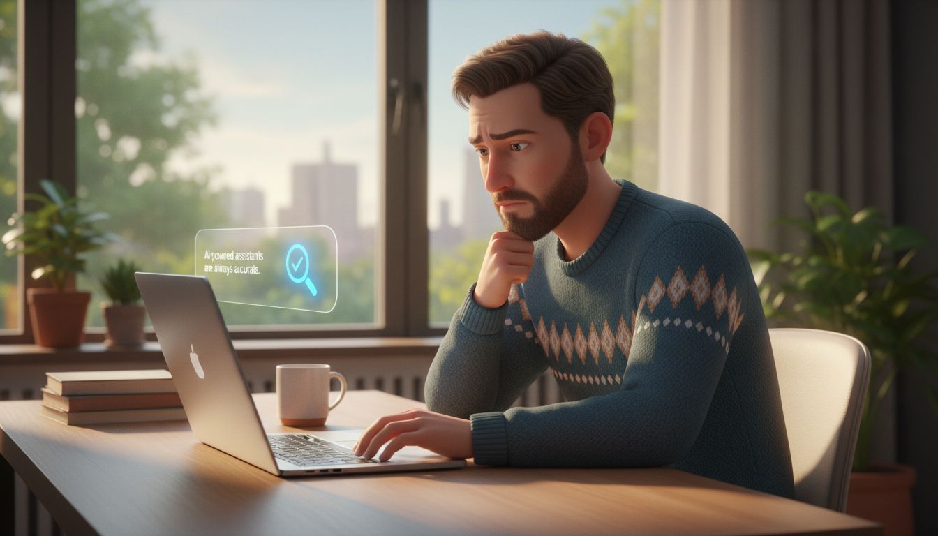 Person reviewing an AI-generated response on a laptop with a critical, fact-checking mindset