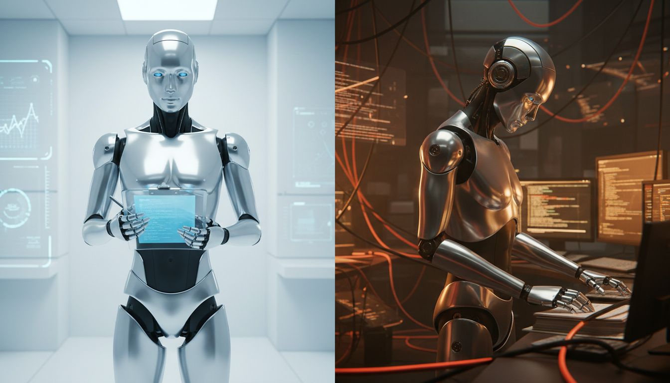 An AI robot performing well on a test but struggling in a real-world task behind it