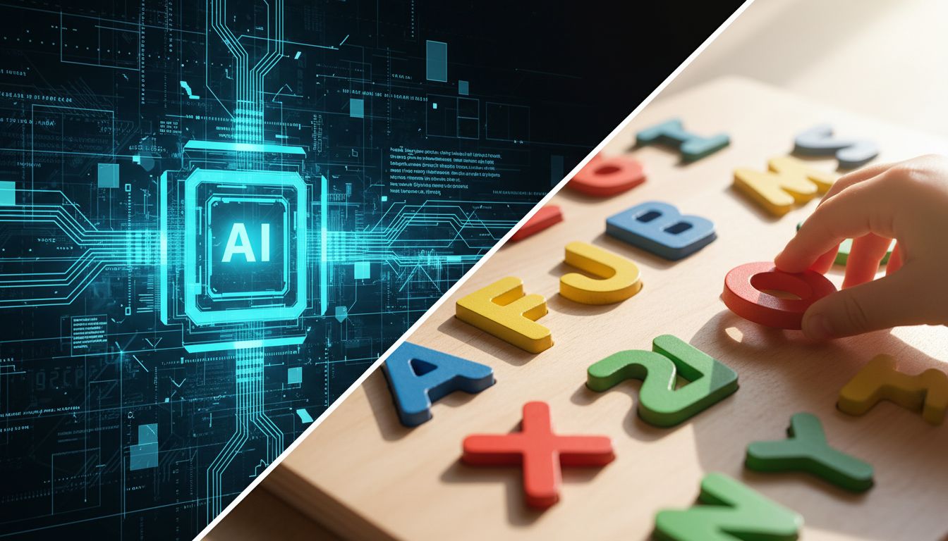 AI interface contrasted with a child's simple letter puzzle, illustrating the gap between AI sophistication and basic cognitive tasks