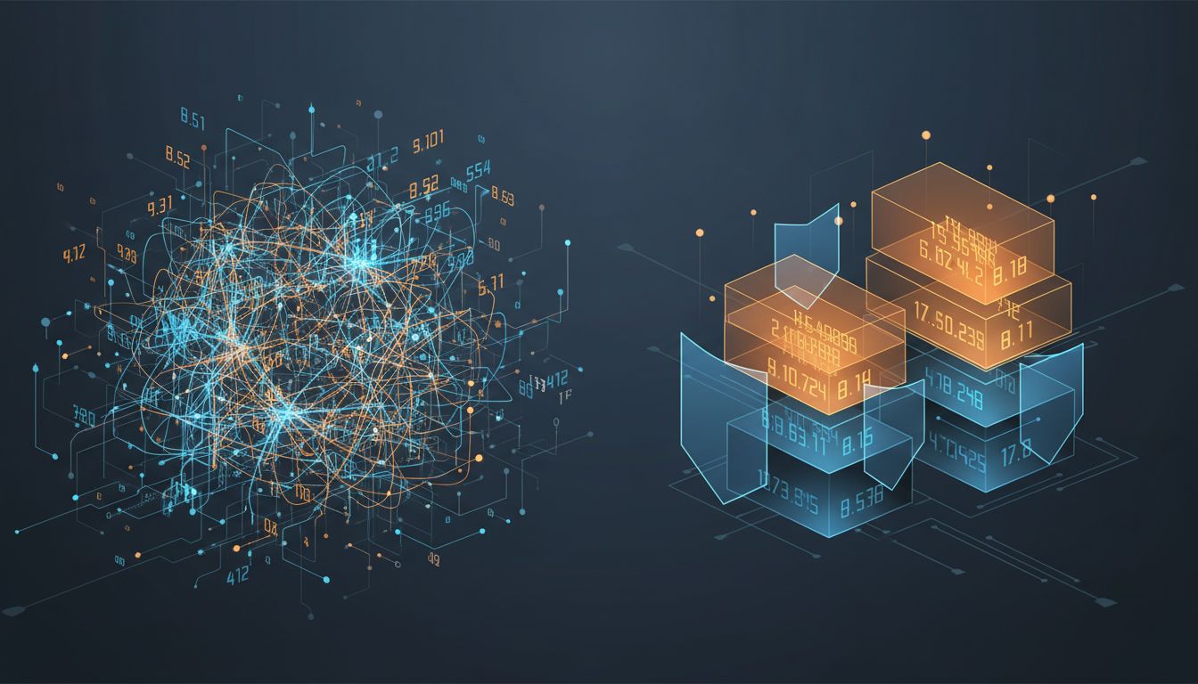 Abstract illustration contrasting shared-weight neural network memory with a modular, compartmentalized memory structure