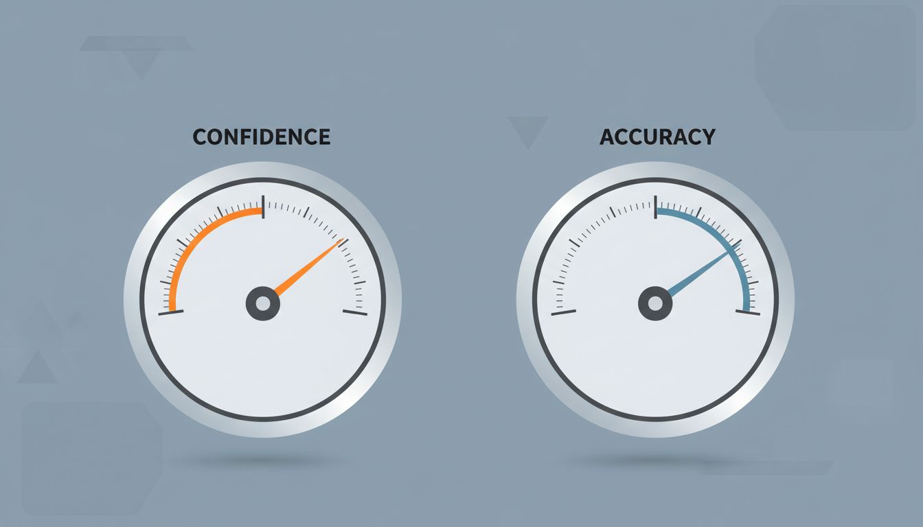 Two gauges showing AI confidence at maximum while accuracy sits at roughly half, illustrating miscalibration