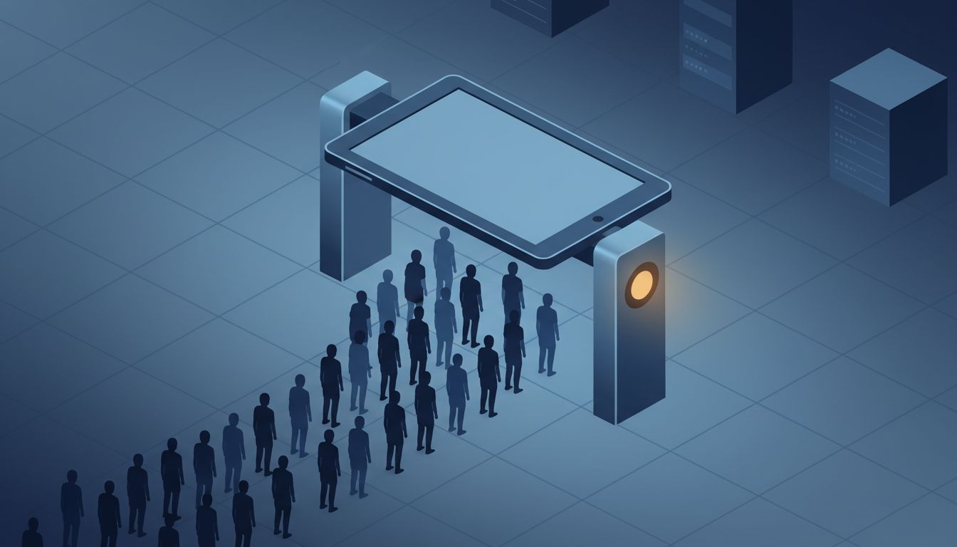 Illustration of an e-reader device designed as a toll booth with people queuing to pass through