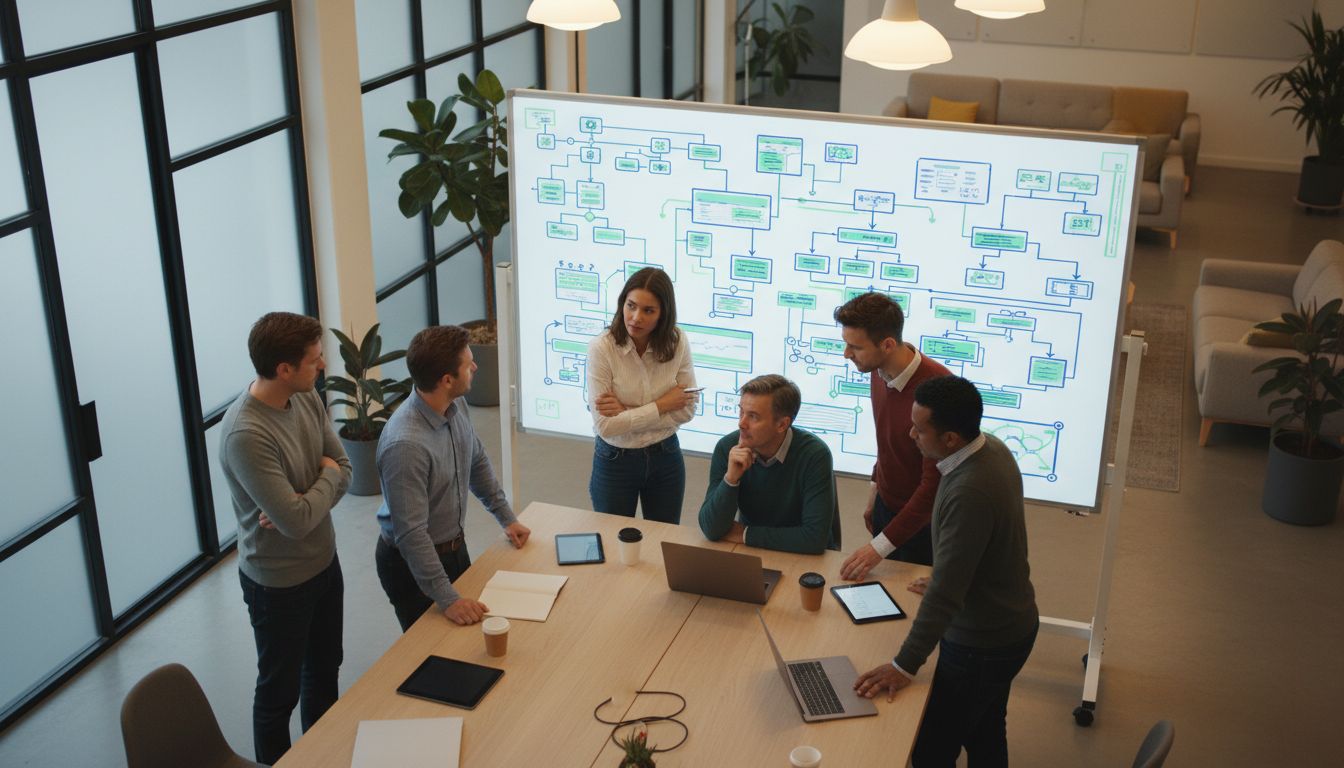 Small engineering team collaborating on a whiteboard in a modern tech office