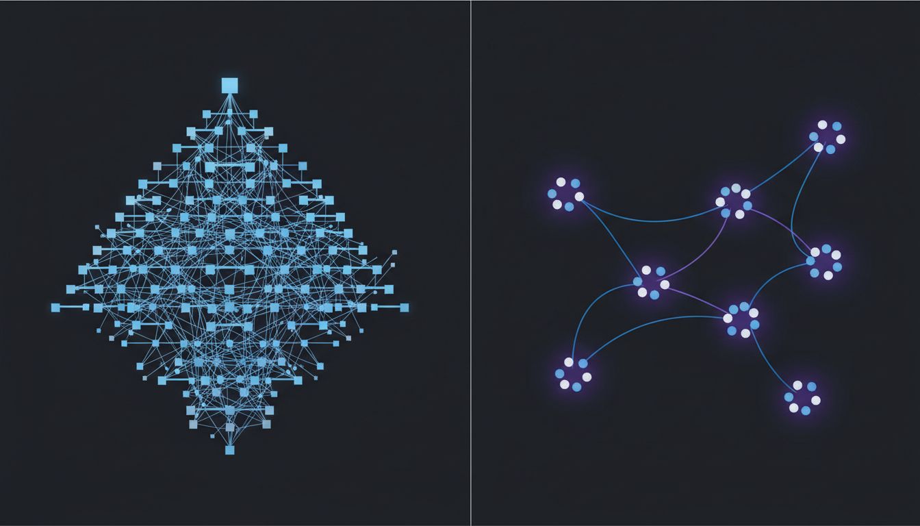 Comparison diagram showing a large hierarchical org chart versus small autonomous two-pizza team clusters