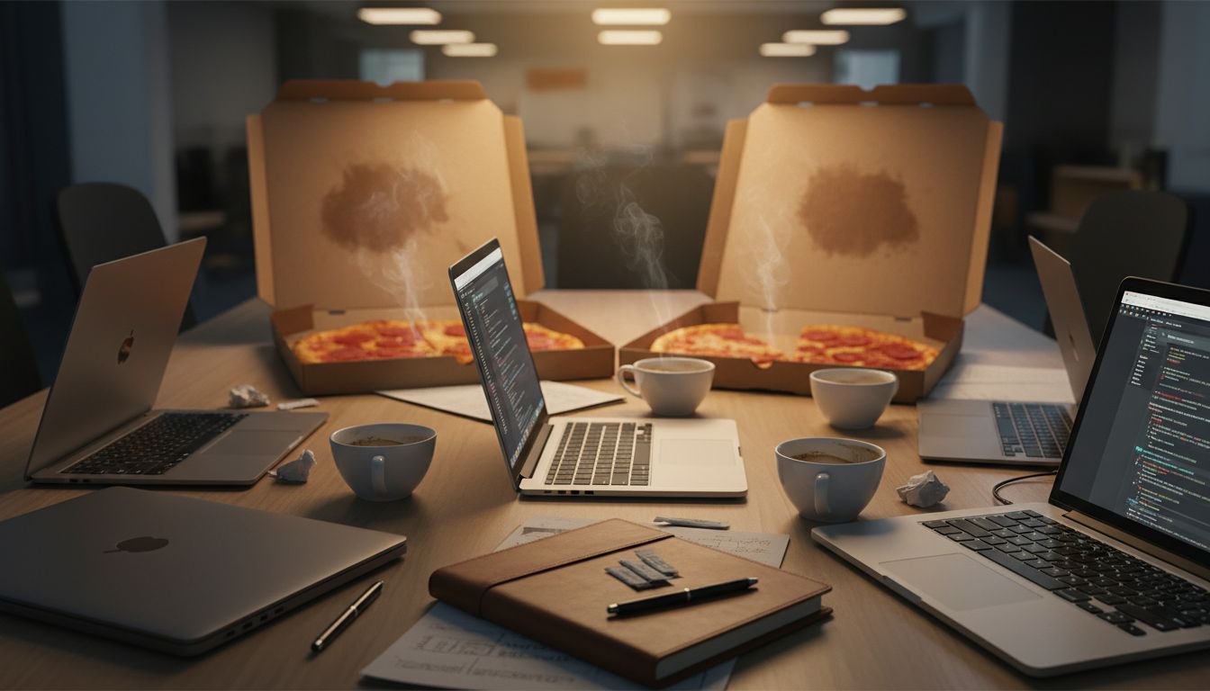 Two pizza boxes at a team working session symbolizing the two-pizza rule for small team meetings