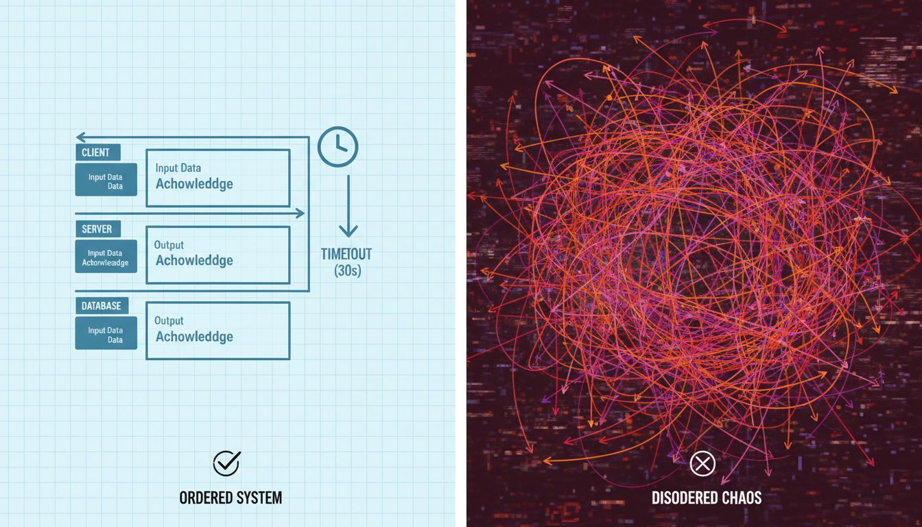 Diagram contrasting a well-defined communication protocol with an undefined async message tangle