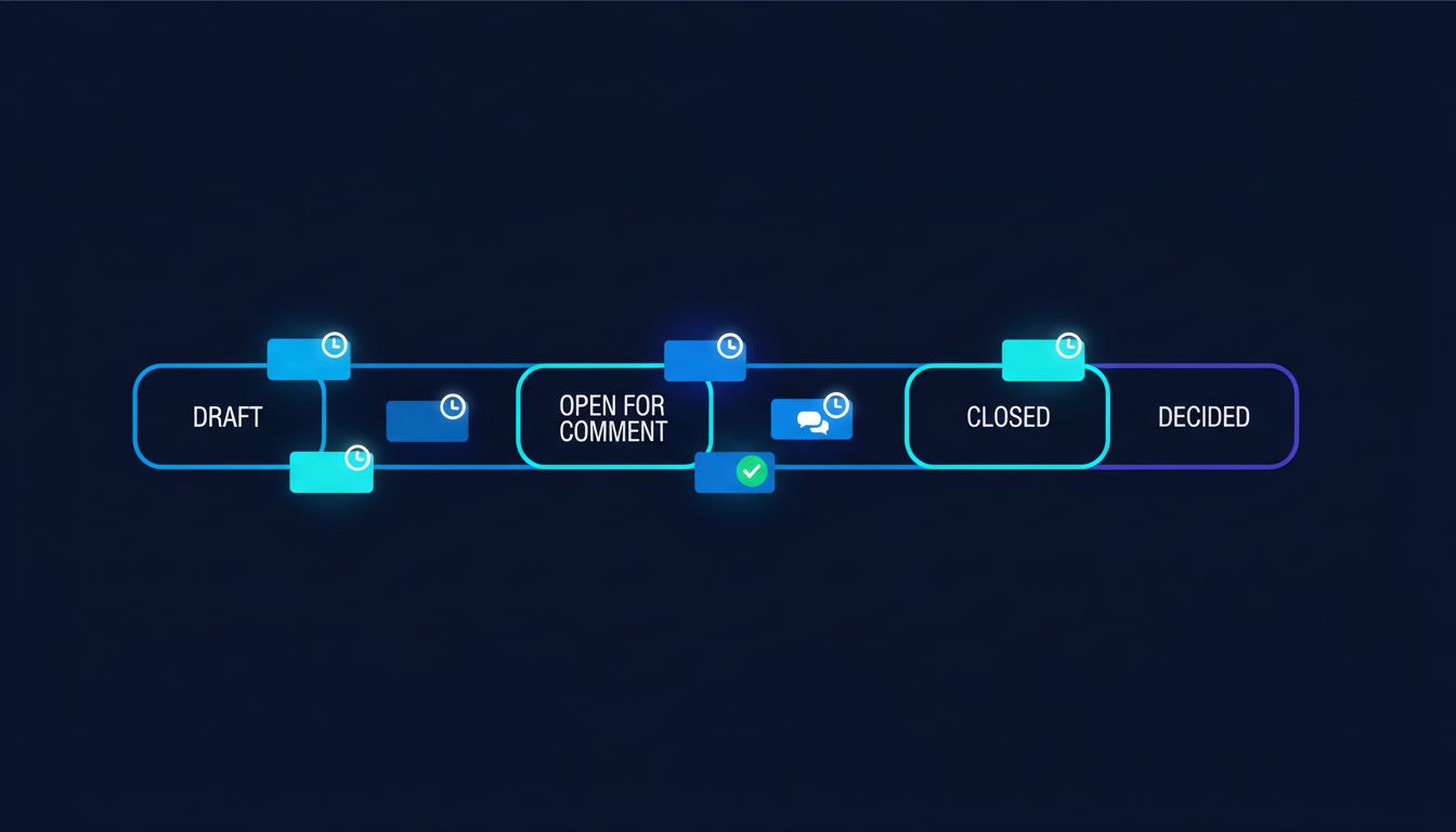 Diagram of a decision queue showing proposals moving through draft, review, and resolution stages with deadlines
