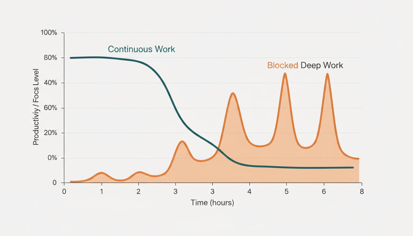 Chart comparing cognitive performance over time for continuous versus blocked deep work sessions