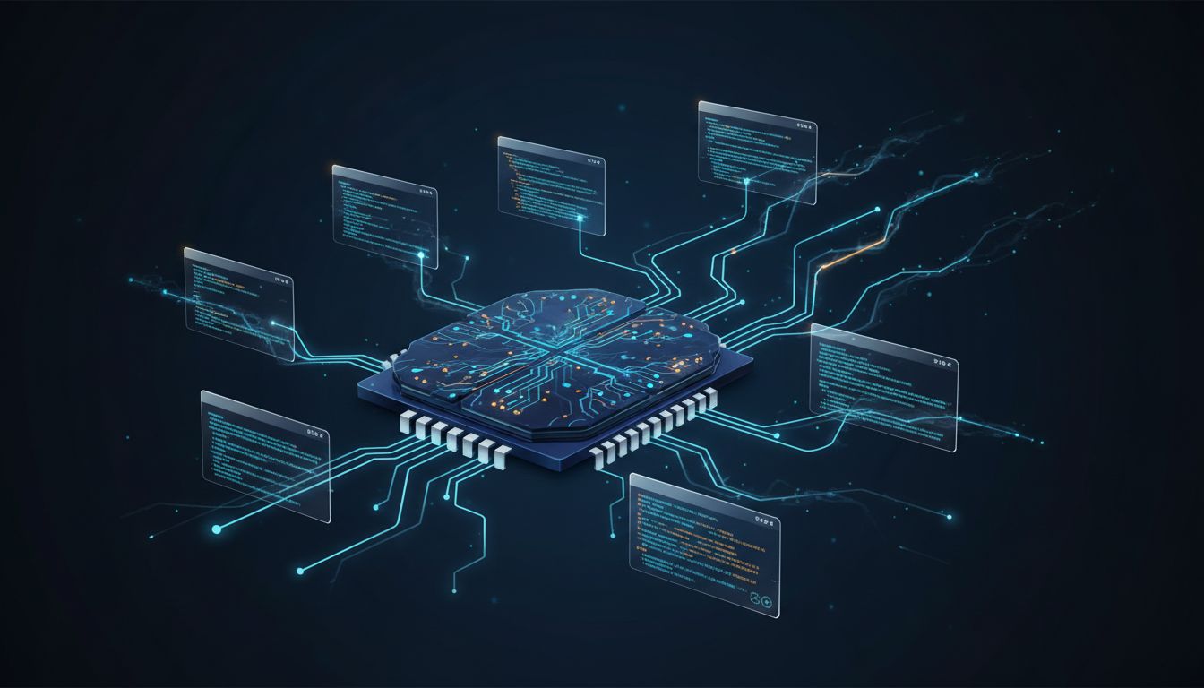 Illustration of a brain as a circuit board with incomplete task threads leaving residue trails