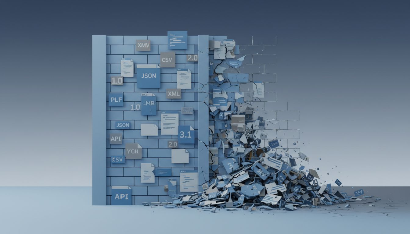 A wall built from file formats and API versions representing backward compatibility as a competitive barrier