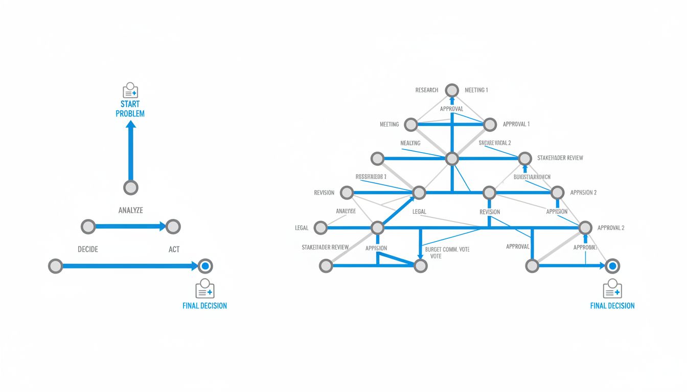 Two decision-making trees side by side showing a lean path versus a complex organizational one