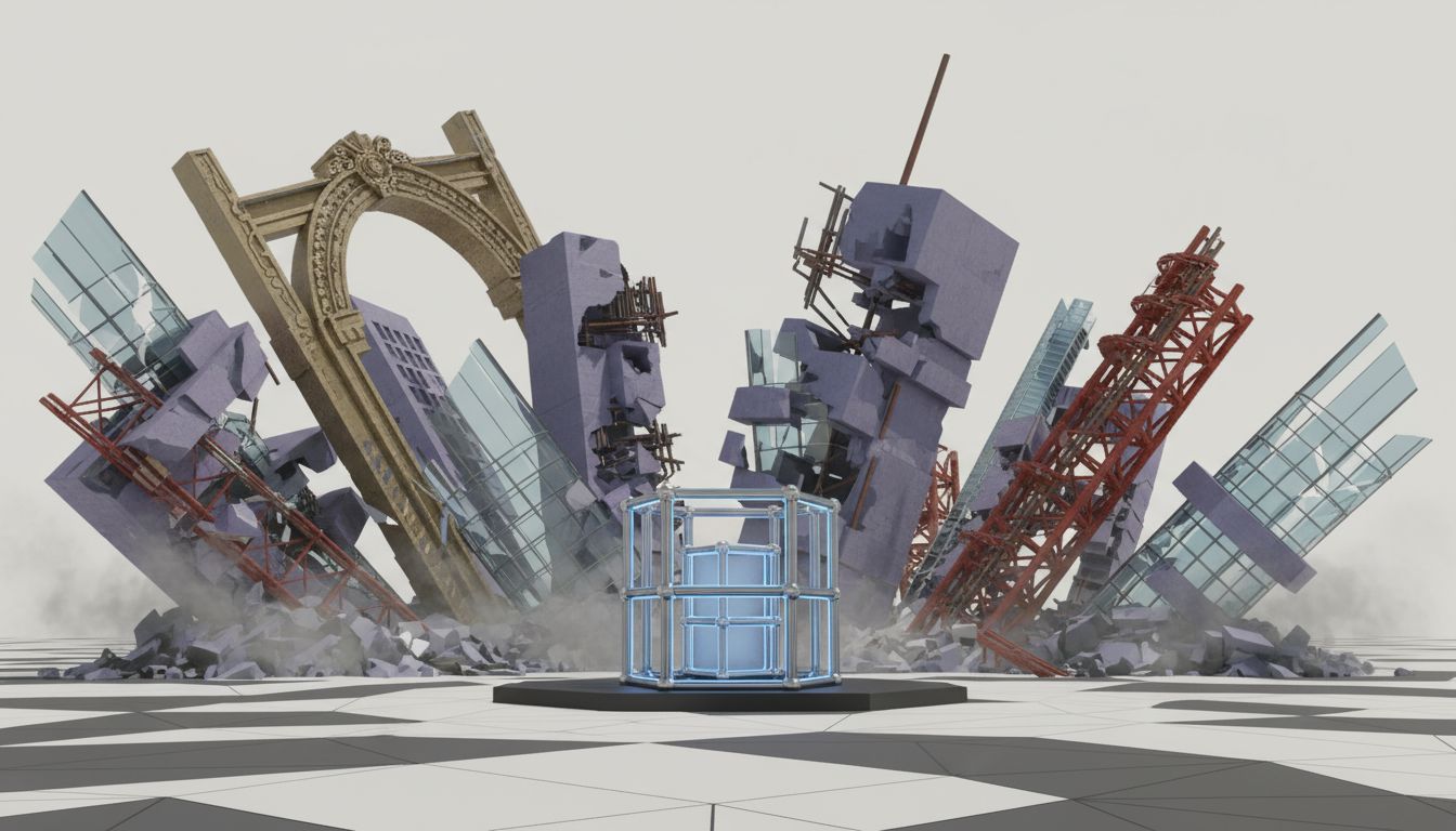 A small precise structure standing amid larger collapsing ones, illustrating how constraint creates strength