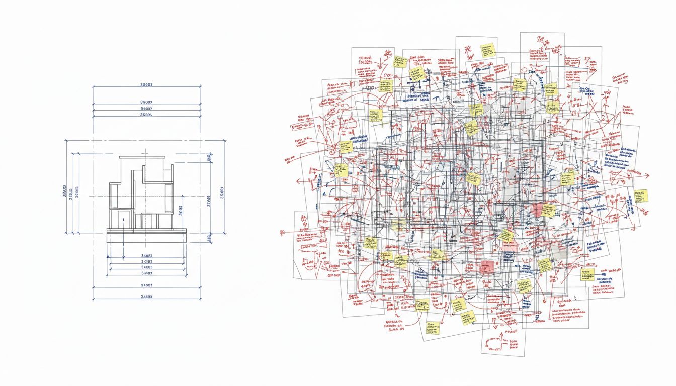 Two blueprints side by side: one small and precise, one enormous and chaotic with conflicting annotations