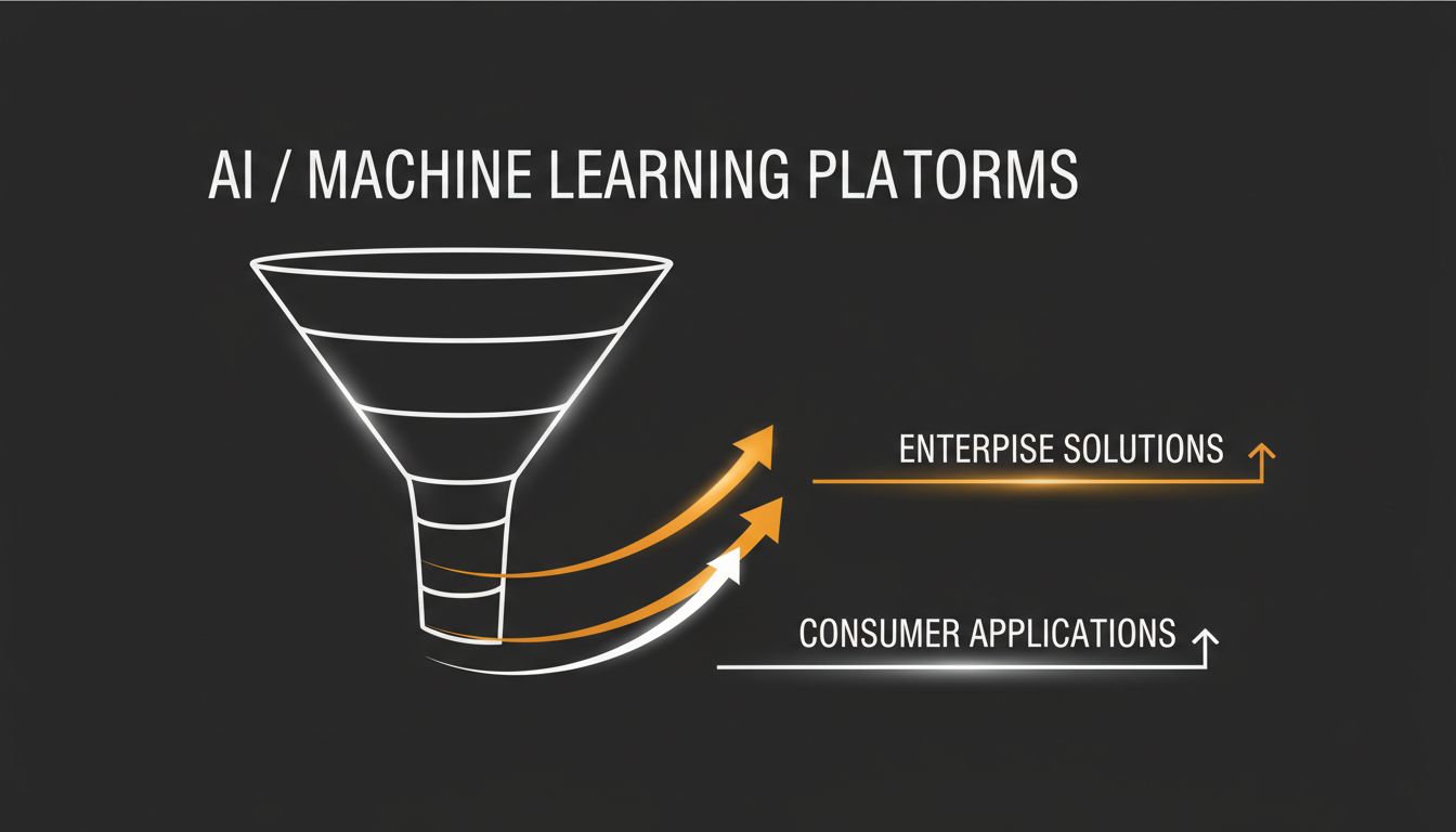 A market funnel diagram showing capital entering a single category and exiting through two separate return curves