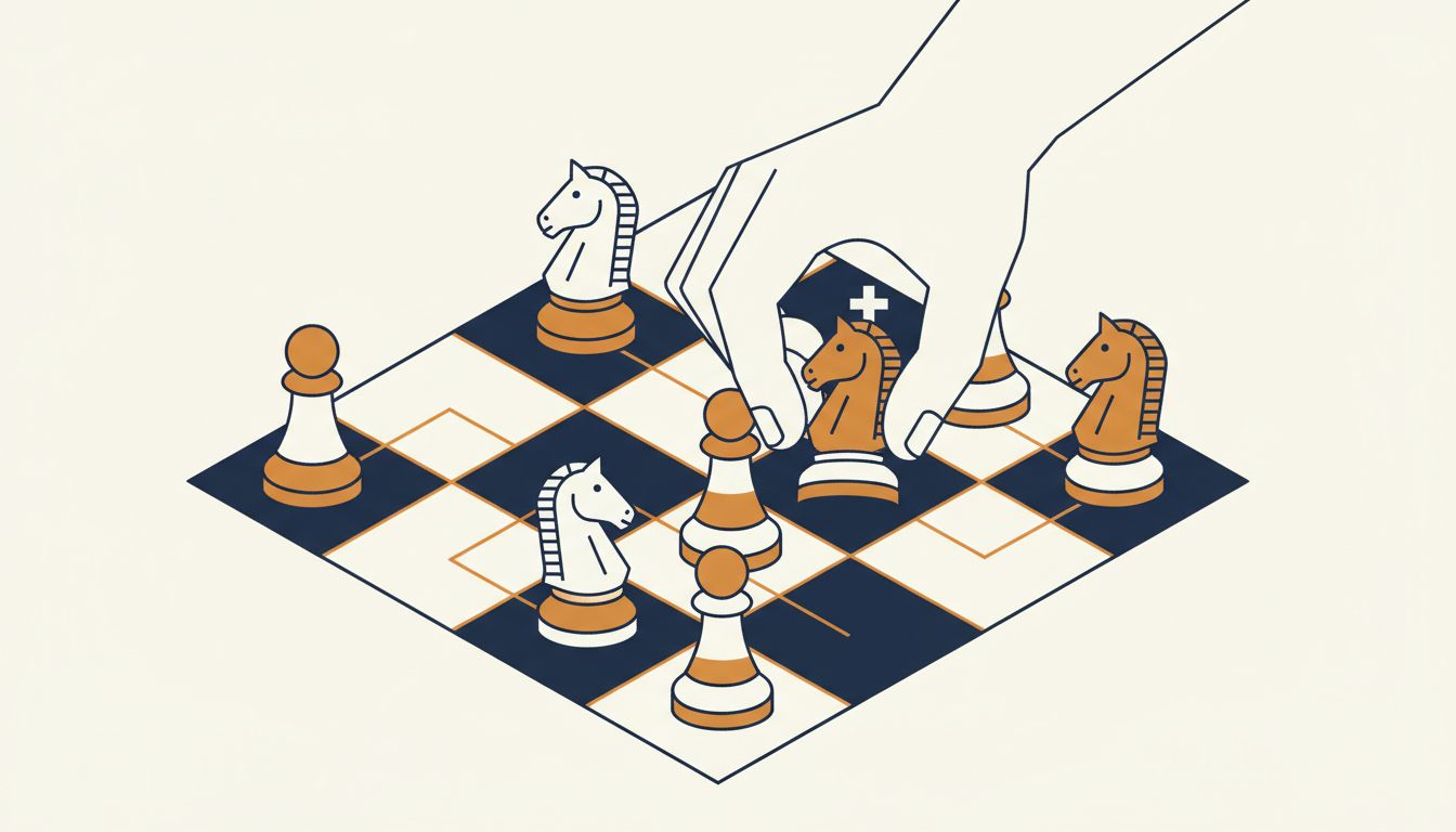 A hand holding multiple identical chess pieces positioned on opposing sides of a board, illustrating the strategy of backing multiple competitors simultaneously