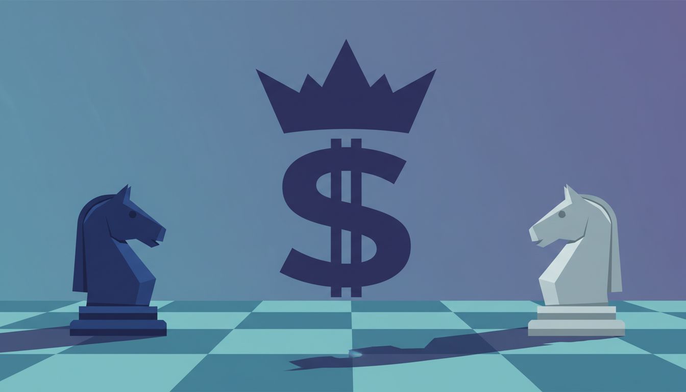 Two competing chess pieces casting a single shared shadow, representing a venture capital firm owning both sides of a market competition
