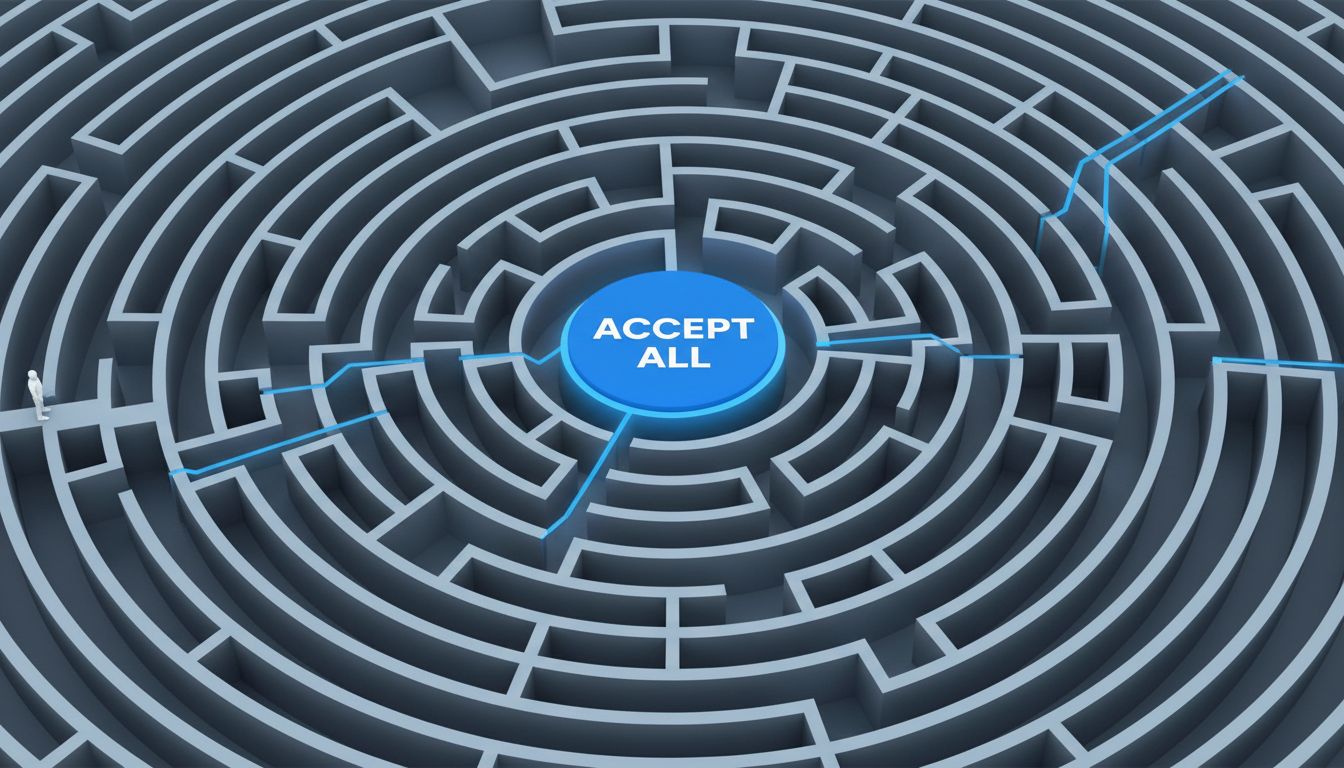 Aerial view of a labyrinthine maze with a glowing Accept All button at the center, illustrating how dark patterns trap users into consent