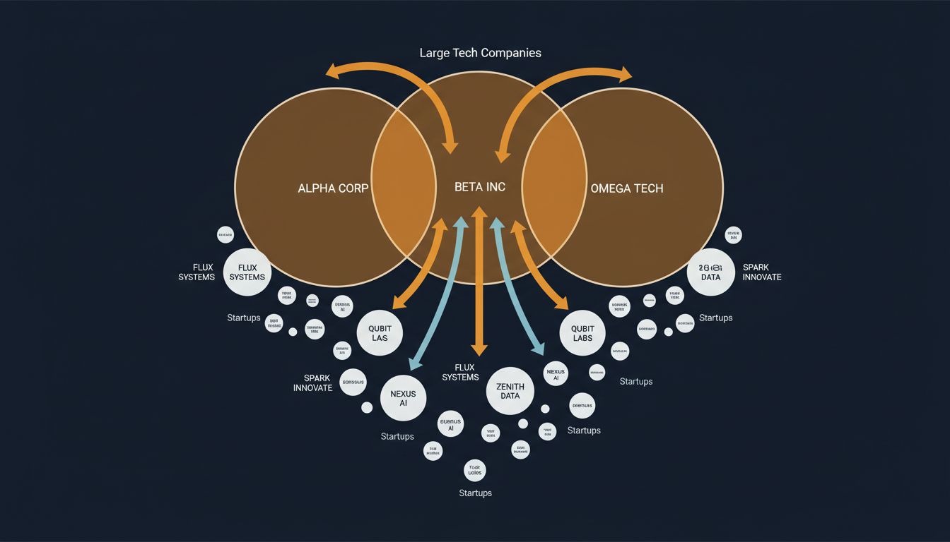 Abstract diagram showing asymmetric investment relationships between large tech companies and AI startups