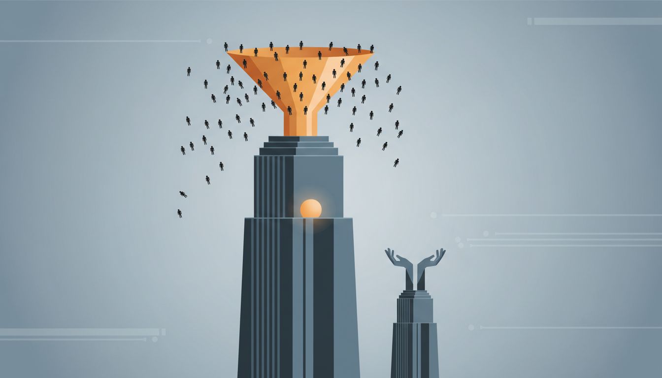 Illustration showing a large corporation funneling talent away from smaller competitors