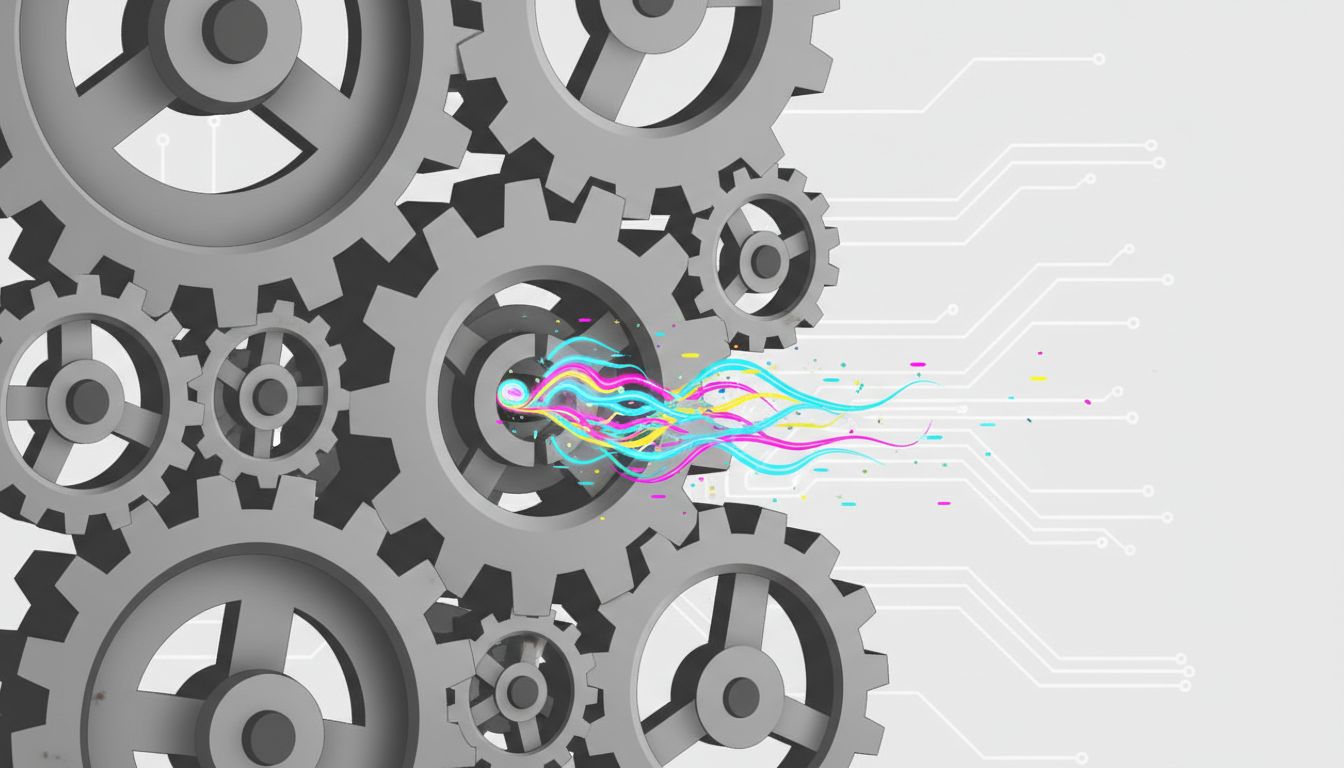 Illustration of a startup's creative energy being consumed by corporate machinery after acquisition