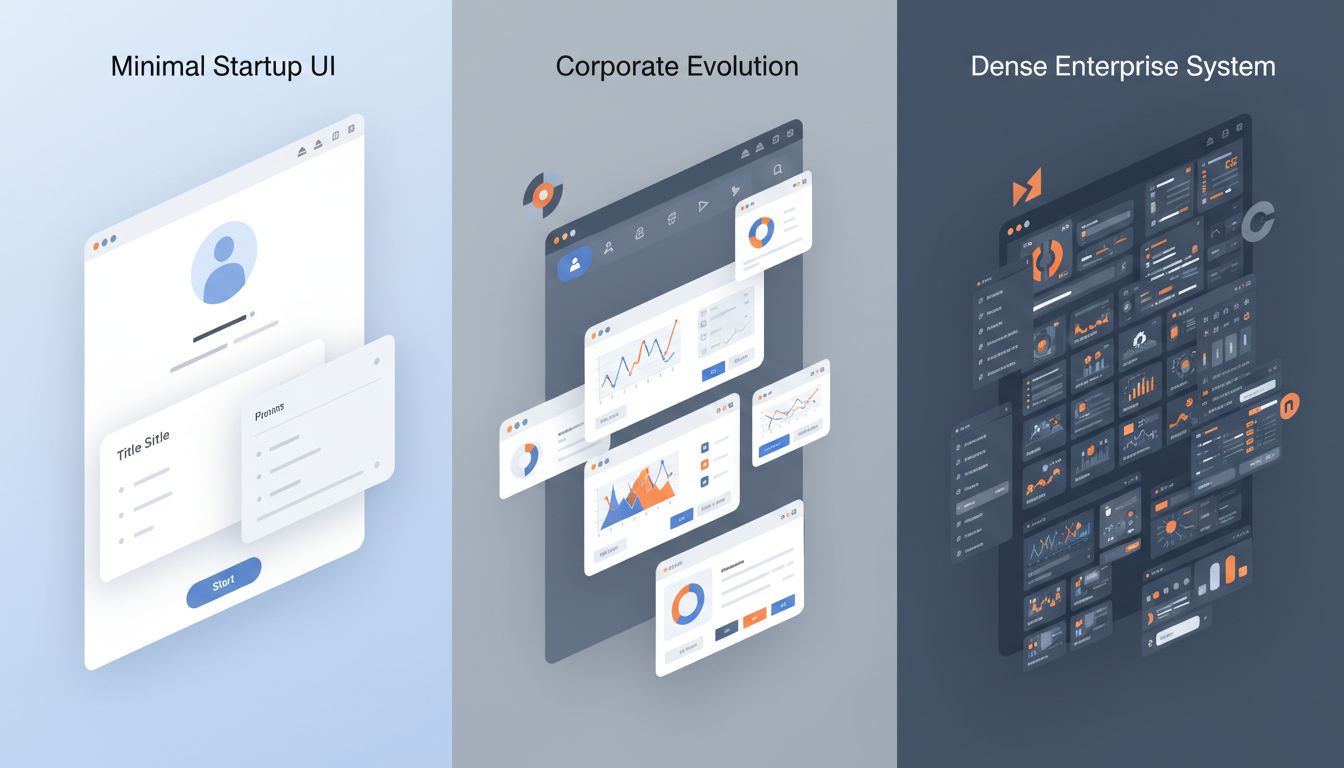Three stages of a startup product interface degrading from clean and simple to cluttered enterprise software after corporate acquisition