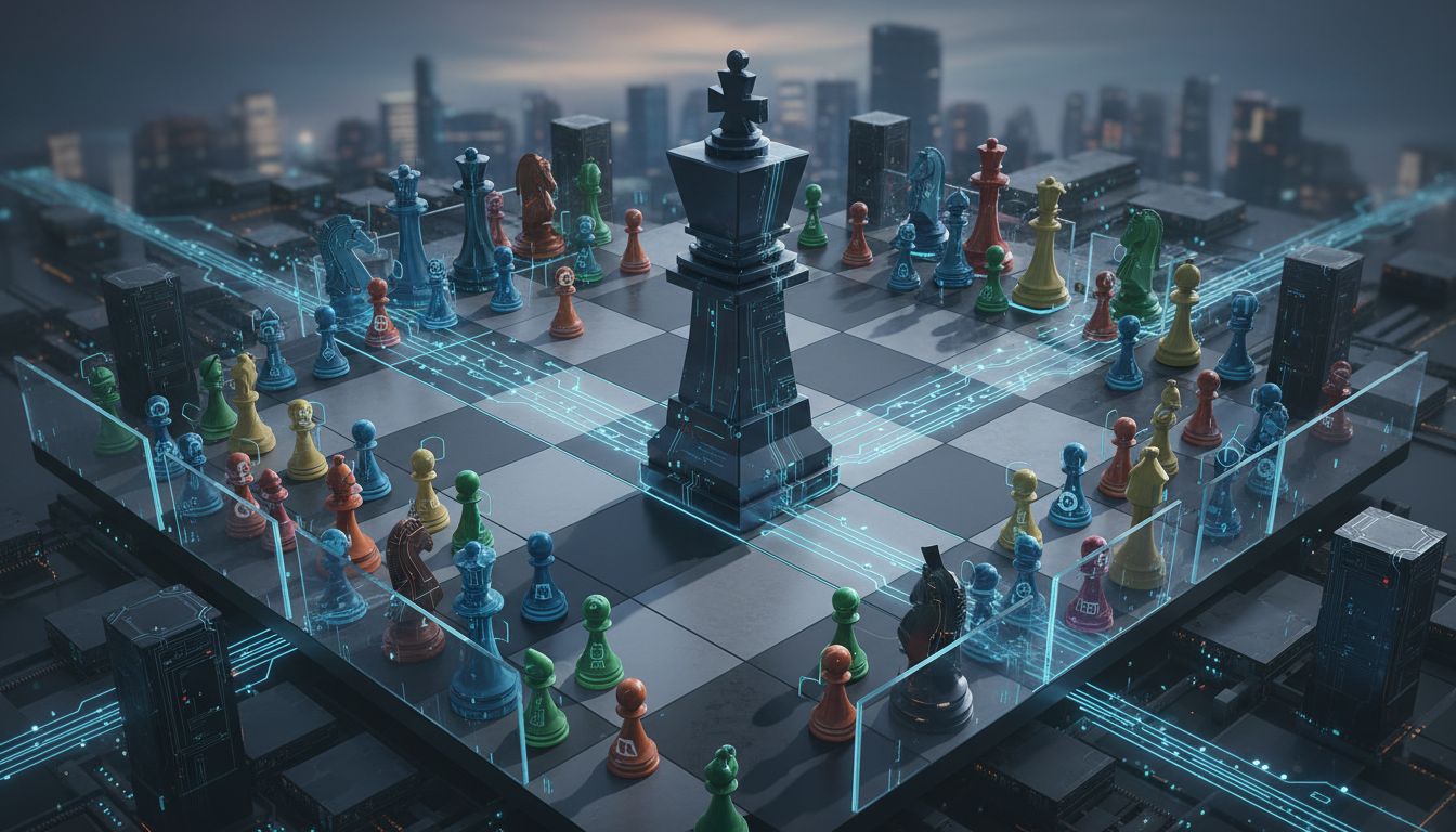 Chess board metaphor showing a dominant tech giant piece strategically surrounding and neutralizing smaller startup pieces without direct competition