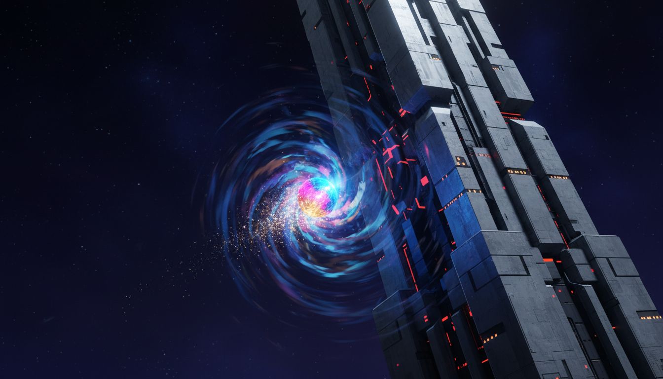 A glowing startup being absorbed into a massive corporate structure, illustrating how big tech acquisitions consume and extinguish innovative companies