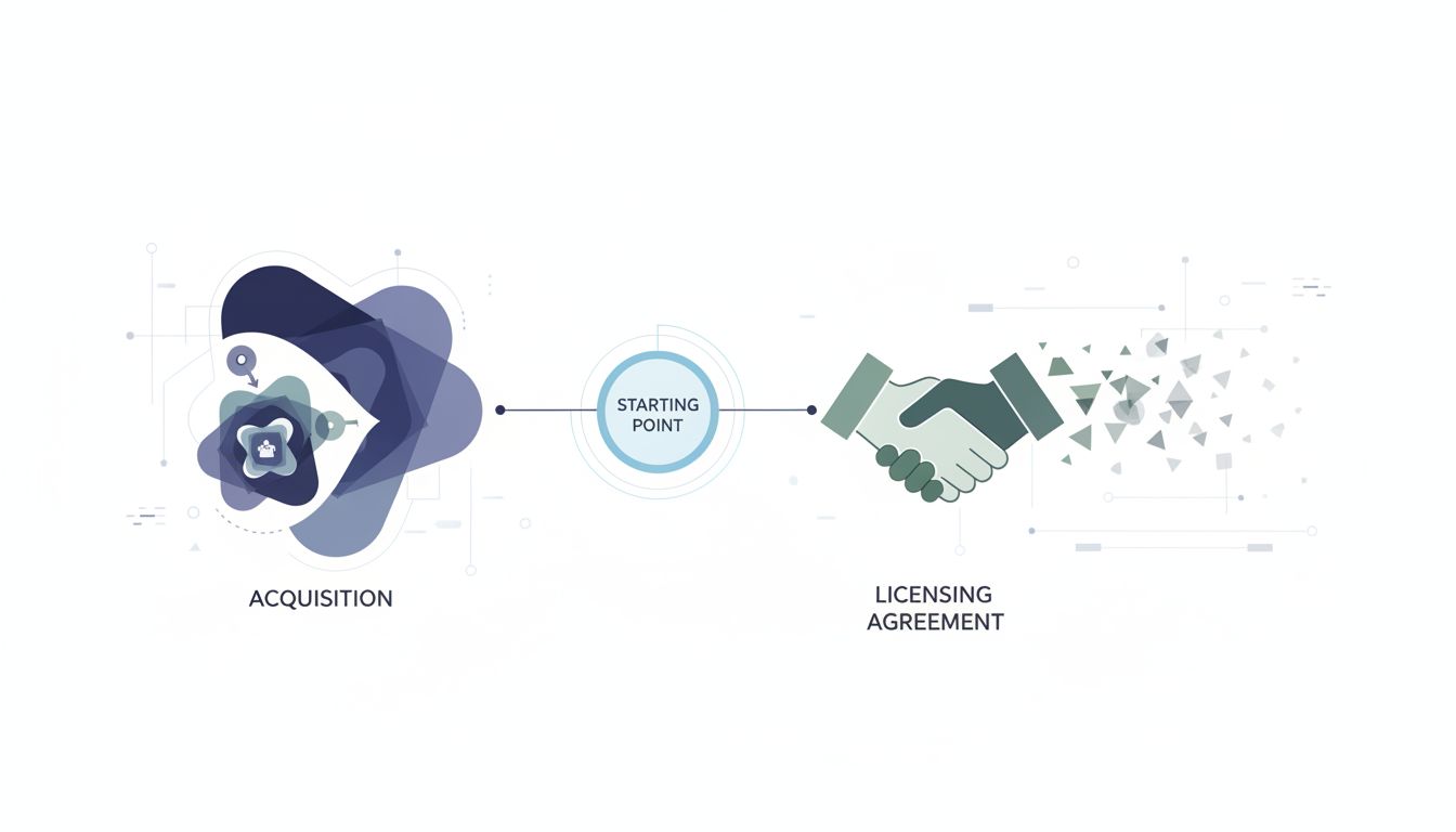 Diagram showing acquisition versus neutralization licensing paths and their different outcomes for a startup