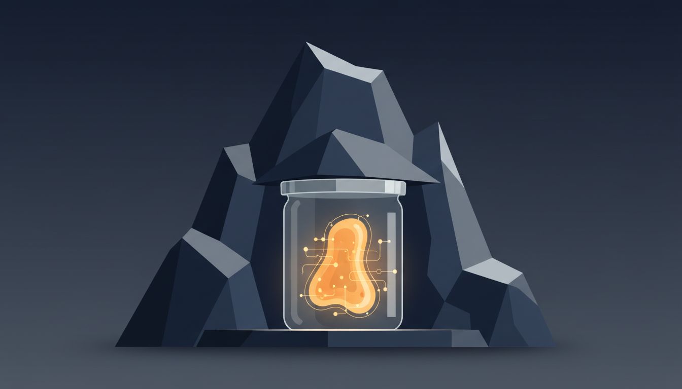 Abstract illustration of a small glowing company contained within a large corporate geometric form